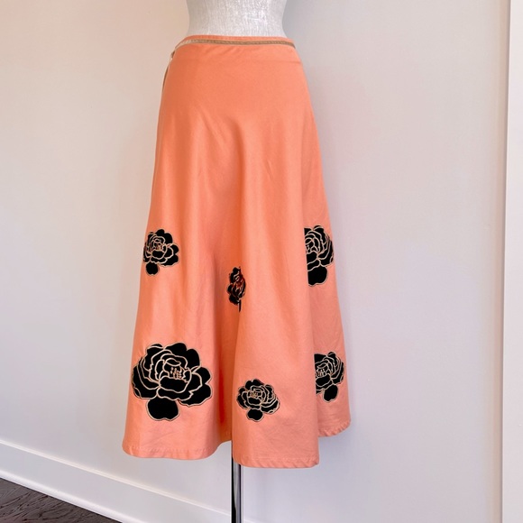 Lapis Salmon Pink-Orange Floral Embroidery 1950s Grease Maxi Swing Skirt Size 10 - Picture 5 of 15